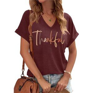 Thankful V-Neck Tee - Family Thanksgiving Short Sleeve Top for Women